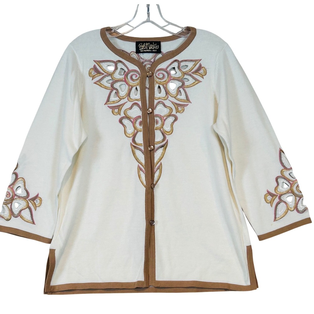 Bob Mackie Wearable Art Floral Embroidered Eyelet Cardigan Cream Womens Grandma